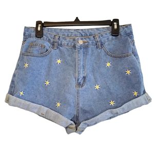 ROMWE Daisy Print Embroidered Denim Shorts Floral Size Large